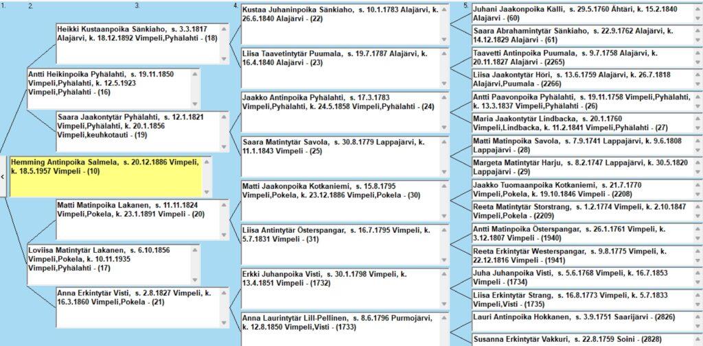 Sukututkimus on mielenkiintoista puuhaa, kirjoittaa Heikki Salmela. Tässä esivanhempien sukutaulua.