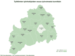 Maakunnan alhaisimmat työttömien työnhakijoiden osuudet olivat Kuortaneella (4,8 %), Isojoella (5,0 %) ja Ilmajoella (5,1 %).