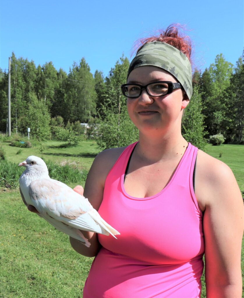 Hanna-Kaisa Takala pitelee kyyhkyä, joka harhautui keväällä lennoltaan. Facebookin Vimpeli-ryhmään tuli ilmoitus löytyneestä linnusta, joka pääsi näin takaisin kotiinsa.