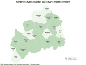 Maakunnan alhaisimmat työttömien työnhakijoiden osuudet olivat Kuortaneella (2,7 %), Evijärvellä (3,1 %) ja Isojoella (3,9 %).