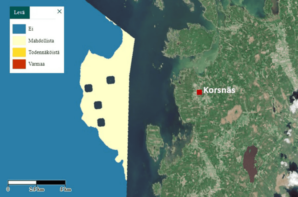 Sinilevätilanne Korsnäsin korkeudella olevilla avomerialueilla satelliitilla arvioituna 29.6.2023. Vaaleankeltaisella merkityllä alueella on mahdollisesti ollut sinilevää kyseisenä päivänä. Kuvalähde: Syke-aineisto, sisältää muokattua Copernicus-dataa, 29.6.2023