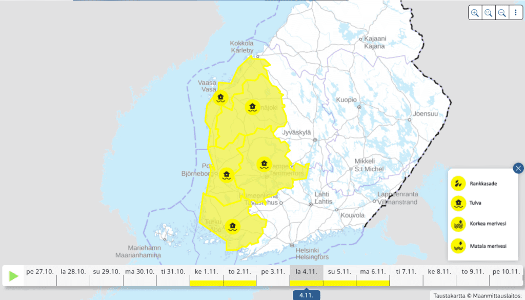 Vesi.fi-sivusto varoittaa tulvista viikonlopun aikana.