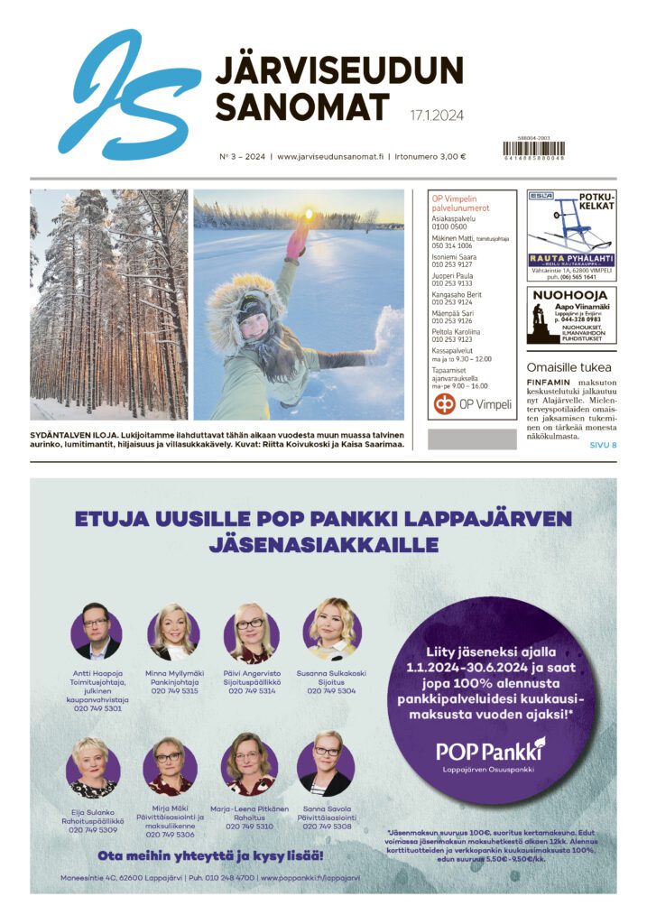 Järviseudun Sanomien vuoden kolmas numero ilmestyy kotisivulla tänään 16. tammikuuta kello 16.