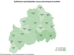 Maakunnan alhaisimmat työttömien työnhakijoiden osuudet olivat Evijärvellä (5,8 %), Ilmajoella (6,3 %) ja Kuortaneella (6,3 %).