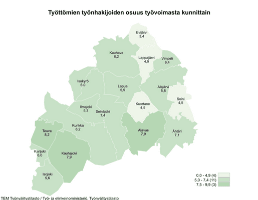 Maakunnan alhaisimmat työttömien työnhakijoiden osuudet olivat Evijärvellä (3,4 %), Kuortaneella (4,5 %) ja Soinissa (4,5 %).