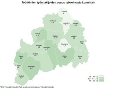 Maakunnan alhaisimmat työttömien työnhakijoiden osuudet olivat Evijärvellä (4,1 %), Kuortaneella (4,4 %) ja Lappajärvellä (4,7 %).