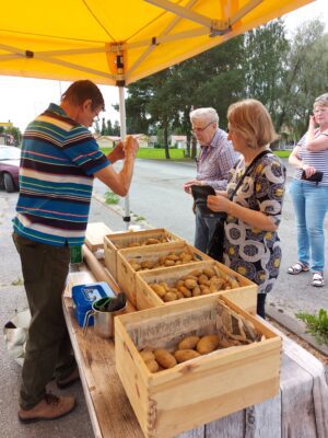 Yrjö Mäkelän kojulla Vimpelin K-Market Vedon pihassa riitti torstai-iltapäivänä mukavasti asiakkaita. Matti ja Anne Hongon matkaan kojulta lähti perunaa ja hunajaa.