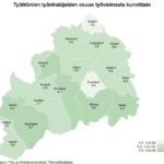 Maakunnan alhaisimmat työttömien työnhakijoiden osuudet olivat Evijärvellä (3,2 %), Kuortaneella (4,6 %), Isojoella (5,4 %) ja Soinissa (5,4 %).