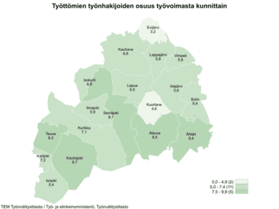 Maakunnan alhaisimmat työttömien työnhakijoiden osuudet olivat Evijärvellä (3,2 %), Kuortaneella (4,6 %), Isojoella (5,4 %) ja Soinissa (5,4 %).