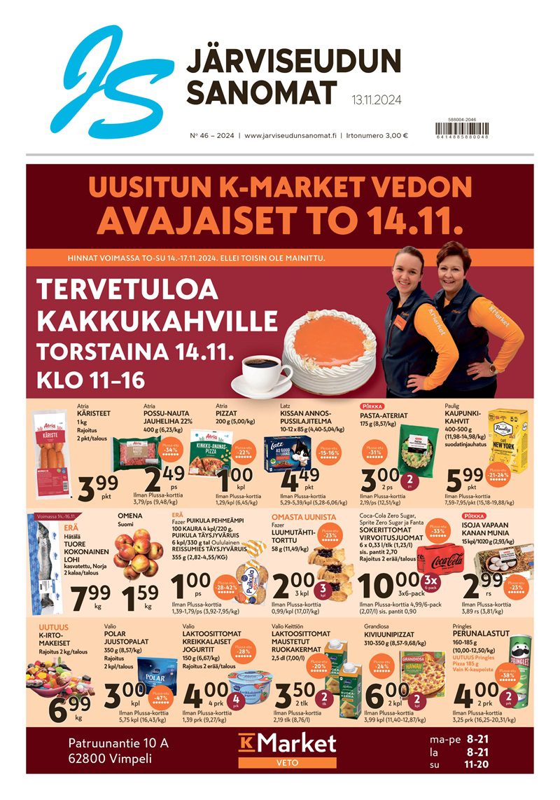 Järviseudun Sanomat 46/2024 ilmestyy 24-sivuisena lukupakettina 12.11.2024.