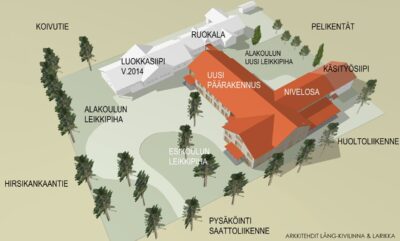 Paavolan koulun uusi päärakennus sijoittuu koulutontin keskelle suurten mäntyjen katveeseen.